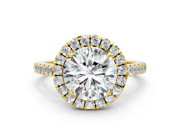 Yellow gold Round Cut Halo Pave Diamond Engagement Ring with Four-Prong Setting