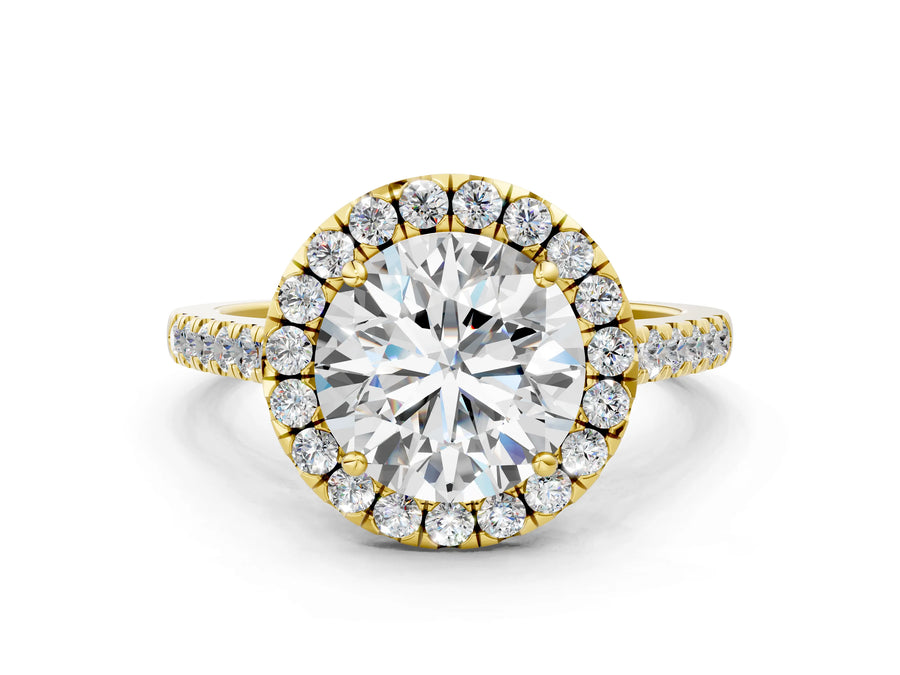 Yellow gold Round Cut Halo Pave Diamond Engagement Ring with Four-Prong Setting