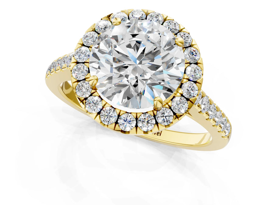 Yellow gold Round Cut Halo Pave Diamond Engagement Ring with Four-Prong Setting