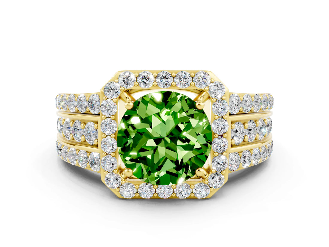 Yellow gold Round Cut Halo Peridot Ring with Split Shank and Four-Prong Setting