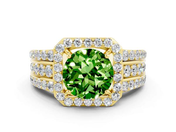 Yellow gold Round Cut Halo Peridot Ring with Round  Split Shank and Prong Setting