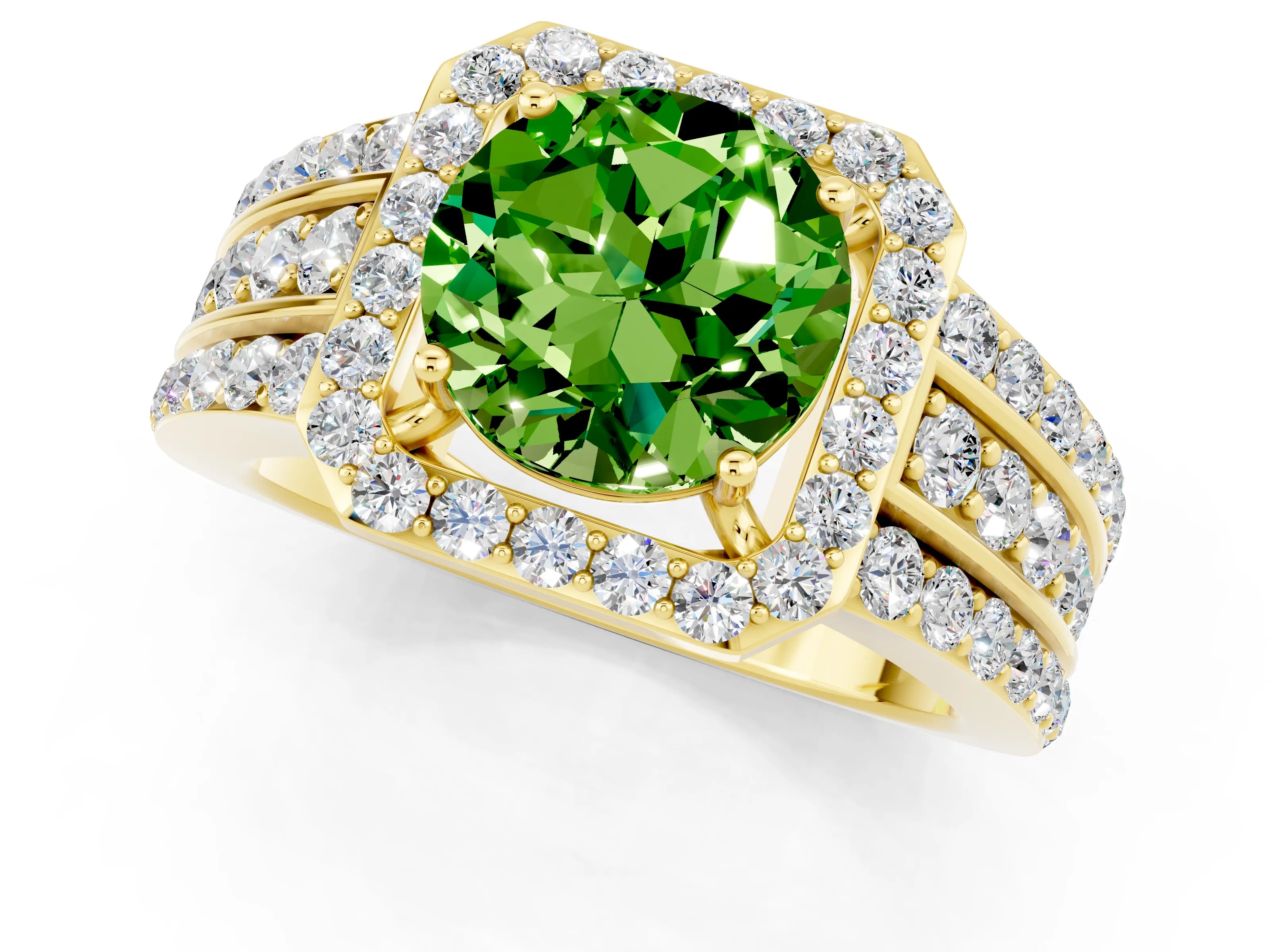 Yellow gold Round Cut Halo Peridot Ring with Split Shank and Four-Prong Setting_1
