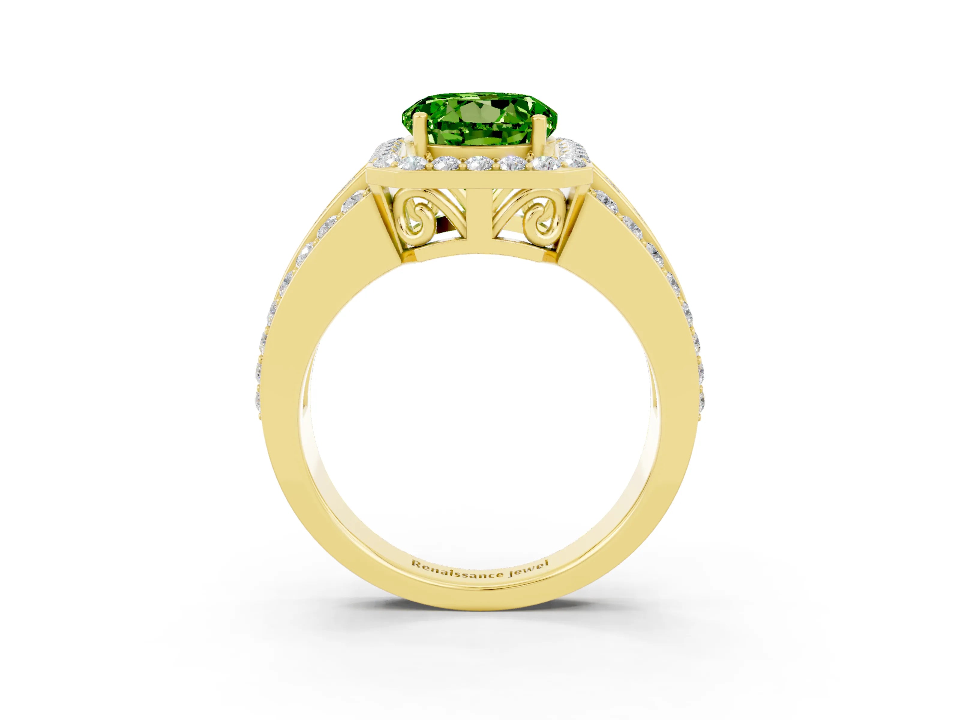 Yellow gold Round Cut Halo Peridot Ring with Split Shank and Four-Prong Setting_3