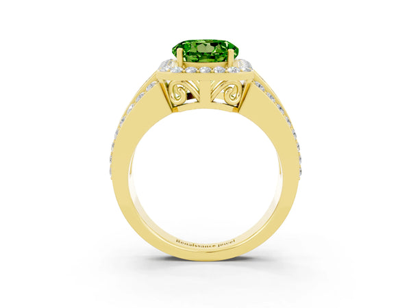 Yellow gold Round Cut Halo Peridot Ring with Round  Split Shank and Prong Setting