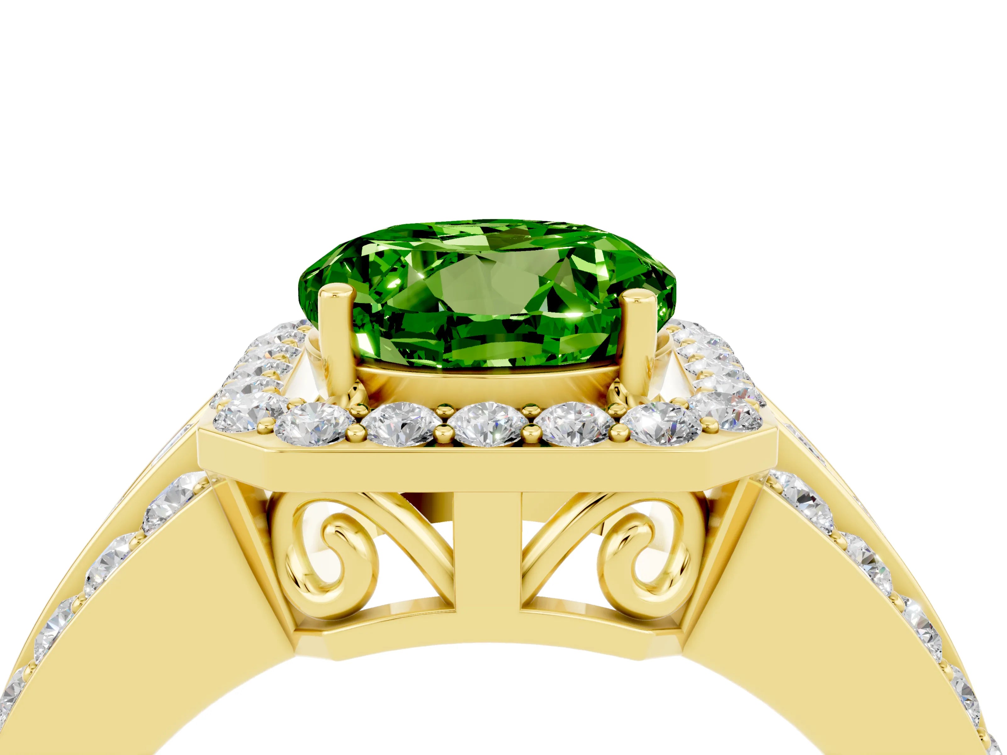 Yellow gold Round Cut Halo Peridot Ring with Split Shank and Four-Prong Setting_4