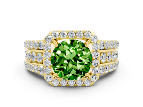 Yellow gold Round Cut Halo Peridot Ring with Split Shank and Four-Prong Setting