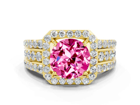 Yellow gold Round Cut Halo Pink Sapphire Ring with Split Shank and Four-Prong Setting_36