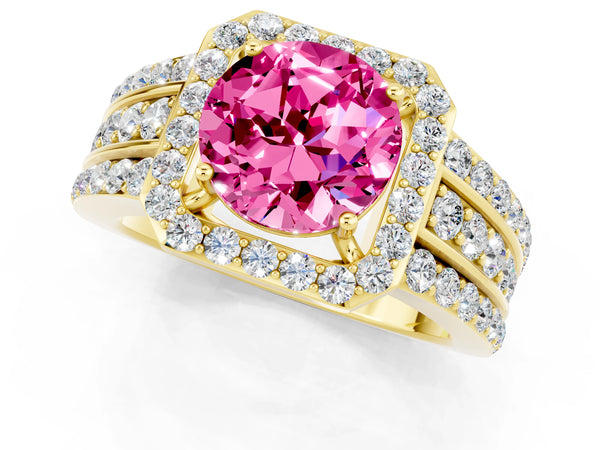 Yellow gold Round Cut Halo Pink Sapphire Ring with Round  Split Shank and Prong Setting