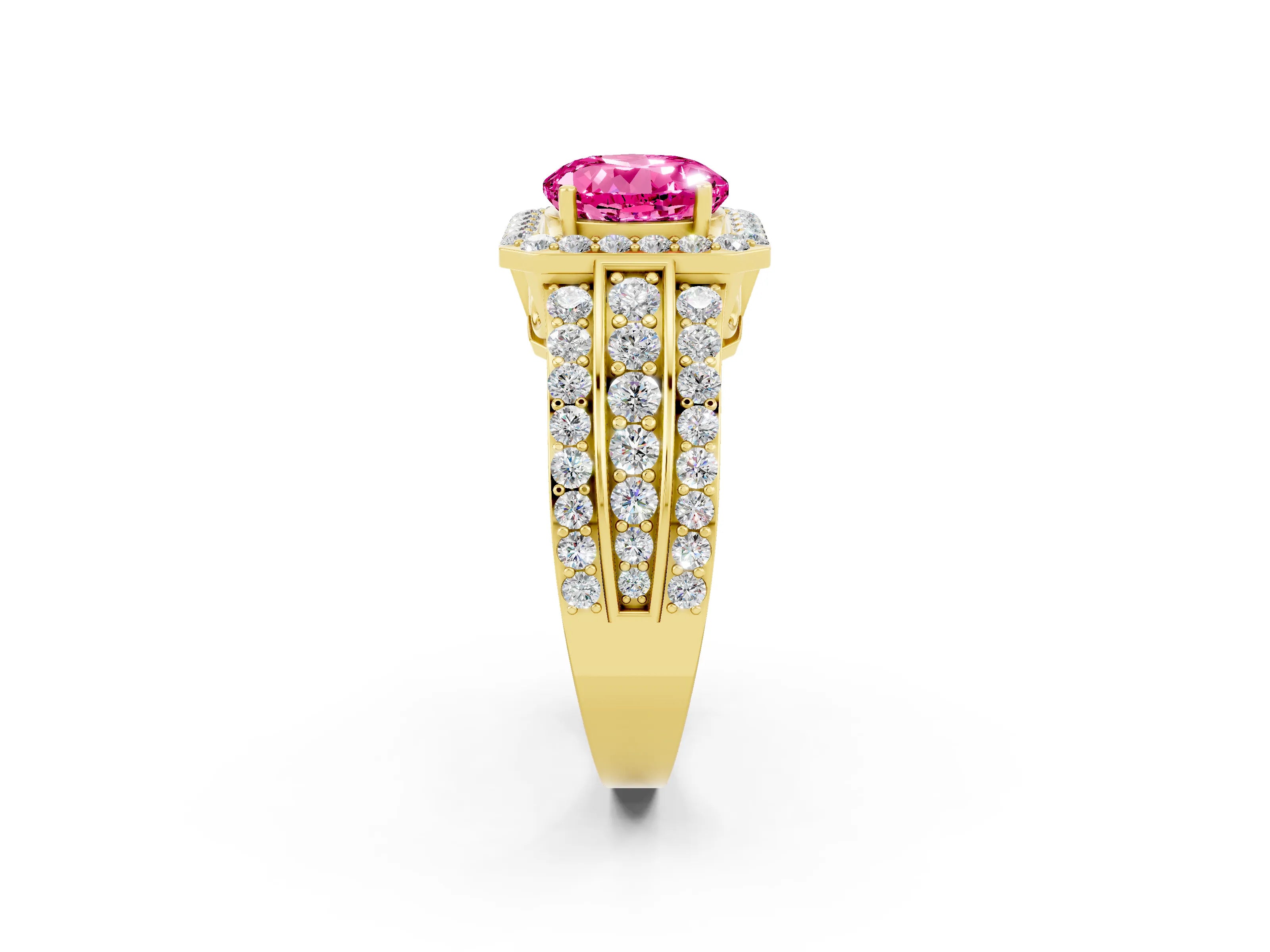 Yellow gold Round Cut Halo Pink Sapphire Ring with Split Shank and Four-Prong Setting_38