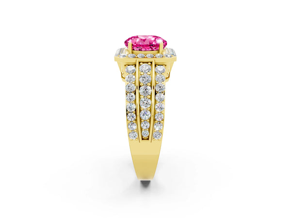 Yellow gold Round Cut Halo Pink Sapphire Ring with Round  Split Shank and Prong Setting
