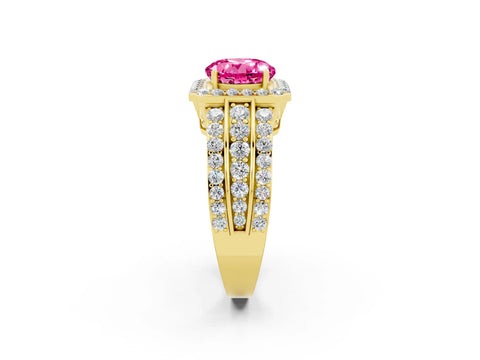 Yellow gold Round Cut Halo Pink Sapphire Ring with Split Shank and Four-Prong Setting_38
