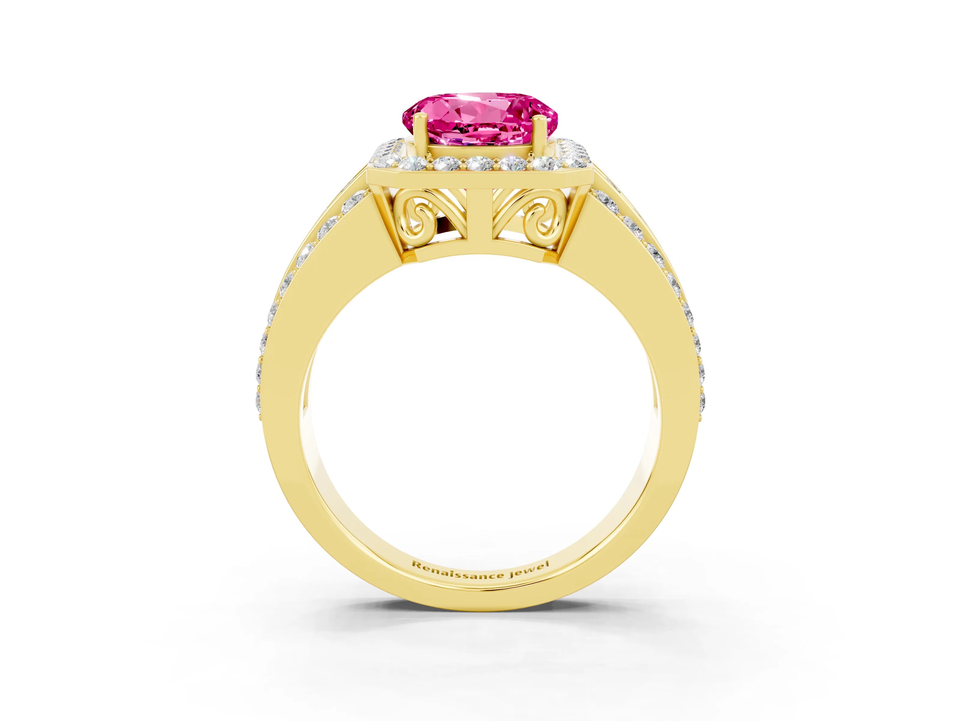 Yellow gold Round Cut Halo Pink Sapphire Ring with Split Shank and Four-Prong Setting_39