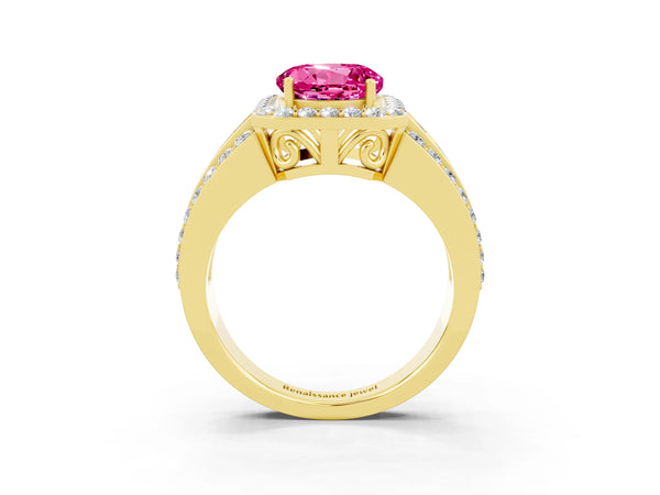 Yellow gold Round Cut Halo Pink Sapphire Ring with Round  Split Shank and Prong Setting
