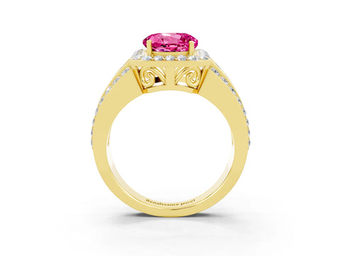 Yellow gold Round Cut Halo Pink Sapphire Ring with Split Shank and Four-Prong Setting_39