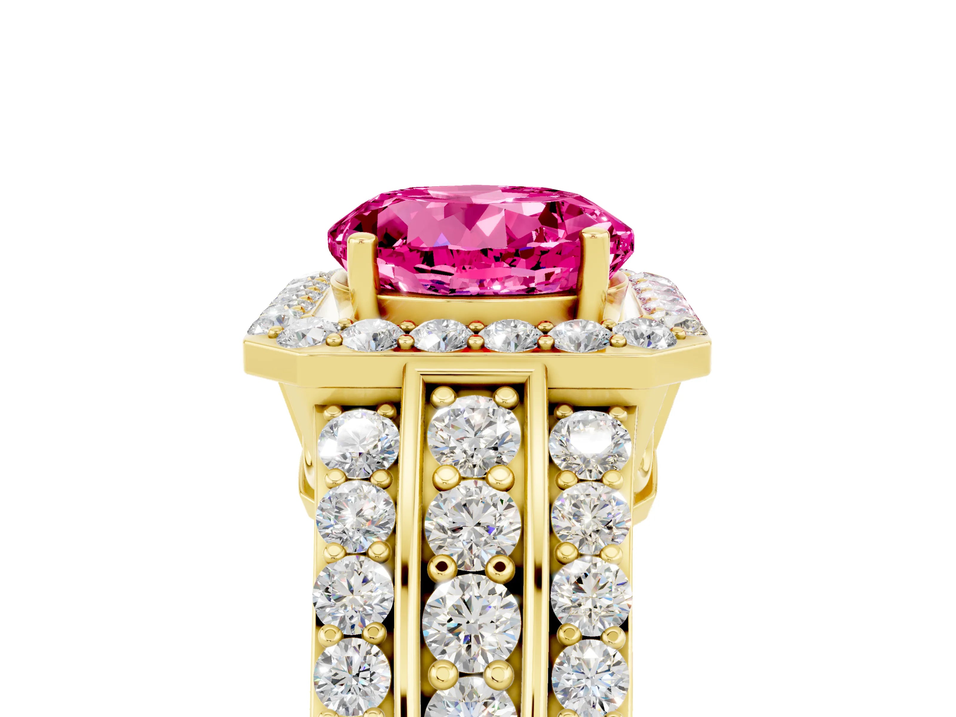 Yellow gold Round Cut Halo Pink Sapphire Ring with Split Shank and Four-Prong Setting_41