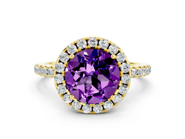 Yellow gold Round Cut Amethyst Halo Ring with Round Pavé Band and Prong Setting