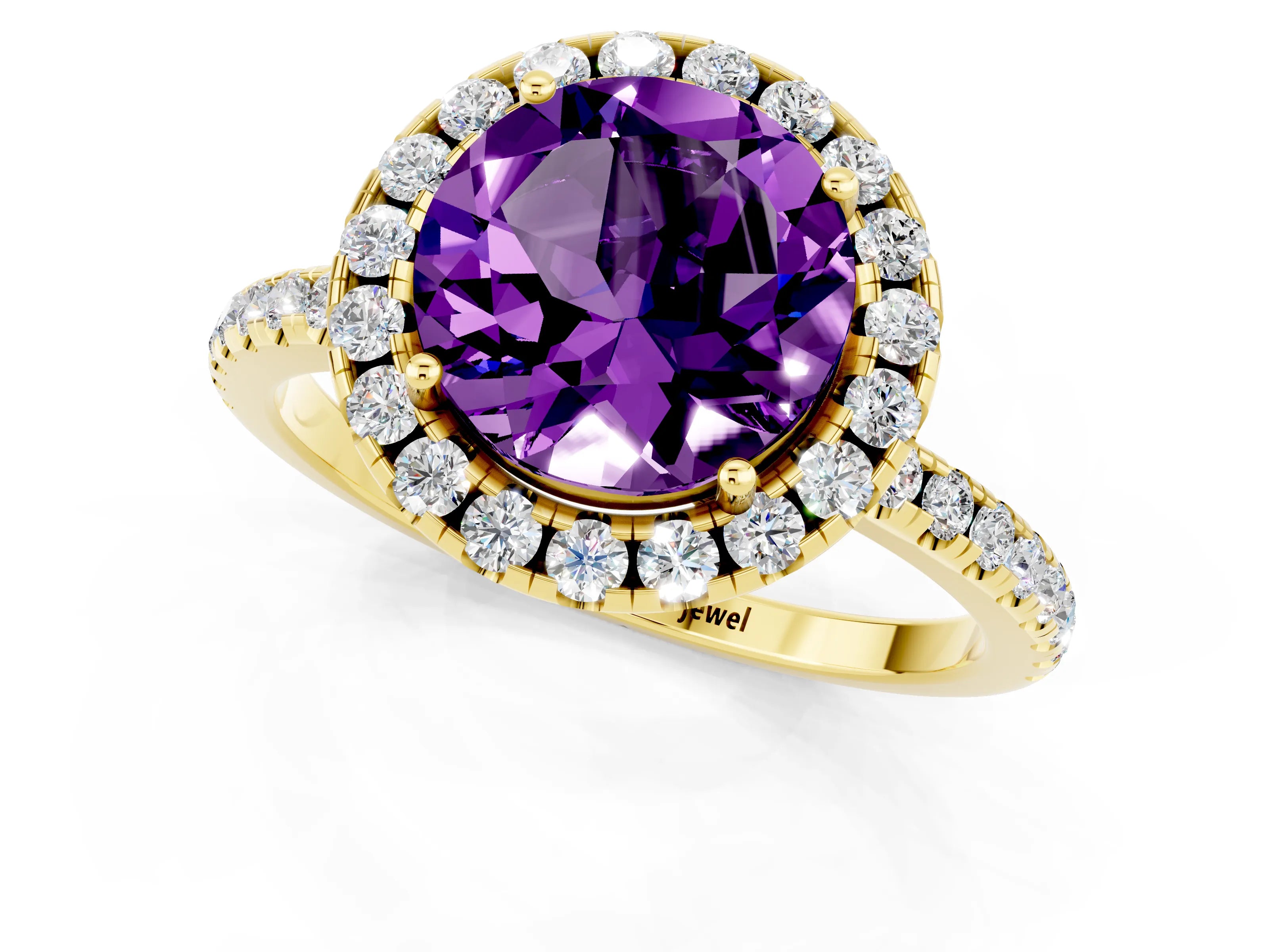 Yellow gold Round Cut Halo Round Diamond Pavé Band Four-Prong Ring_1