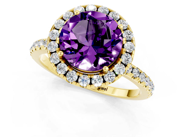 Yellow gold Round Cut Amethyst Halo Ring with Round Pavé Band and Prong Setting