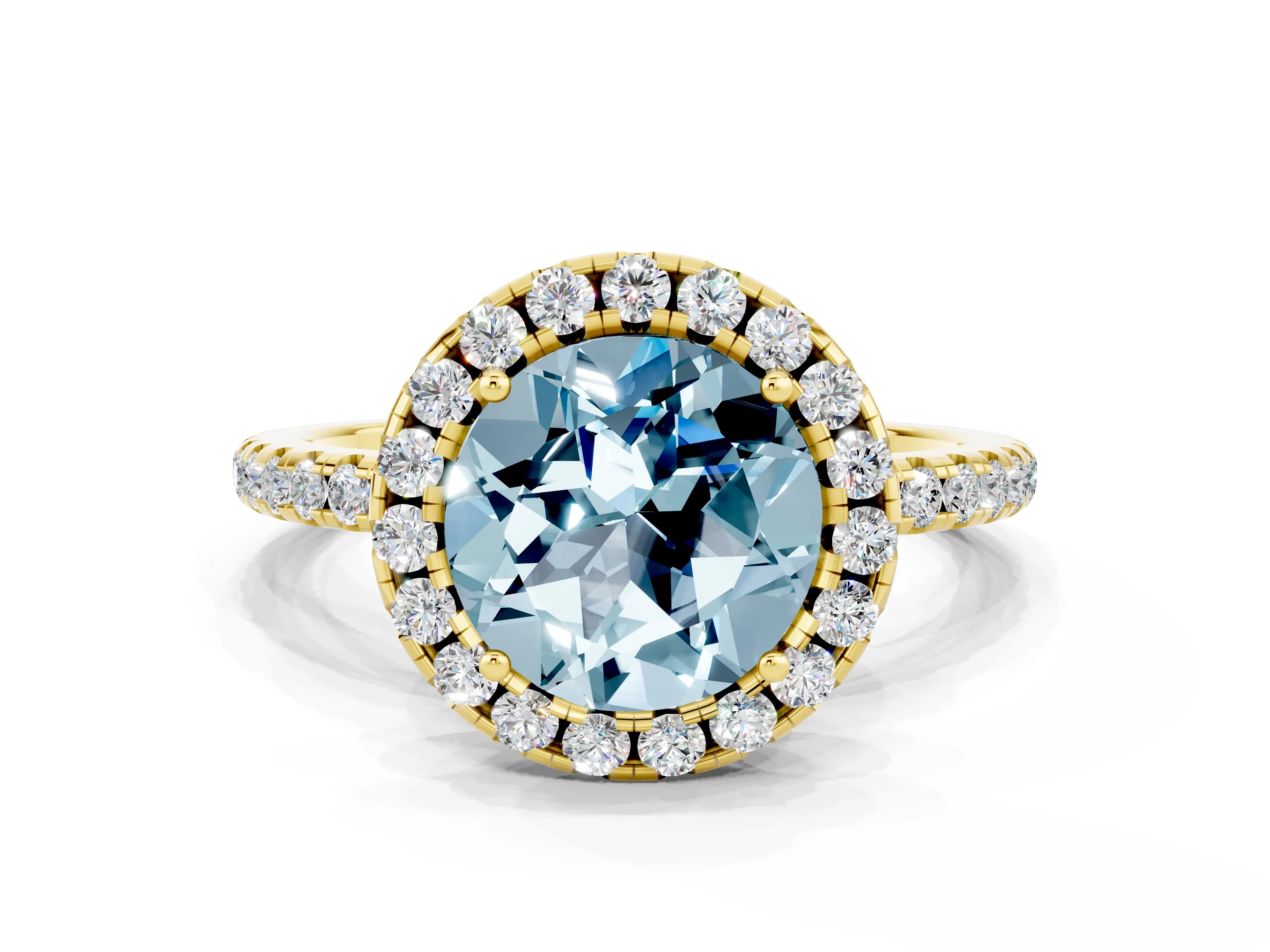 Yellow gold Round Cut Halo Round Diamond Pavé Band Four-Prong Ring