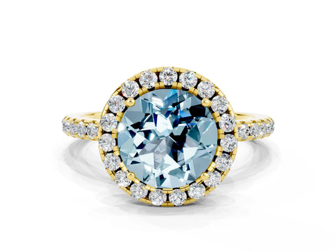 Yellow gold Round Cut Halo Round Diamond Pavé Band Four-Prong Ring