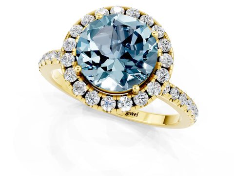 Yellow gold Round Cut Halo Round Diamond Pavé Band Four-Prong Ring_1