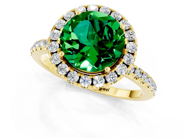 Yellow gold Round Cut Emerald Halo Ring with Round Pavé Band and Prong Setting