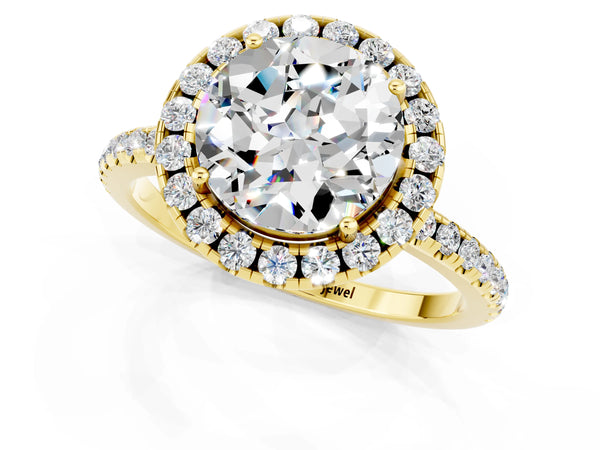 Yellow gold Round Cut Moissanite Halo Ring with Round Pavé Band and Prong Setting