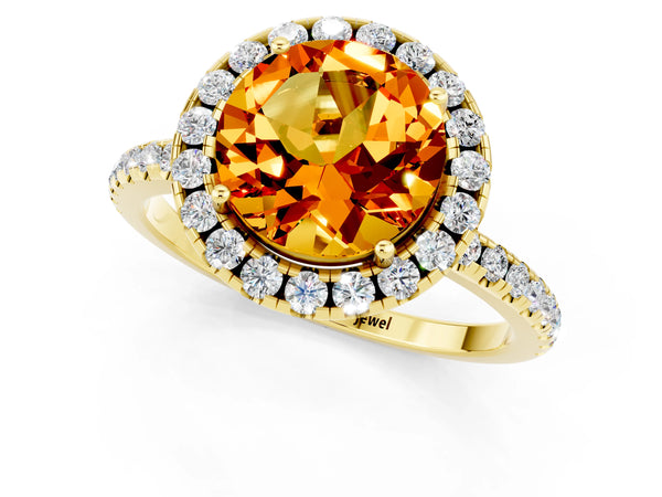 Yellow gold Round Cut Citrine Halo Ring with Round Pavé Band and Prong Setting