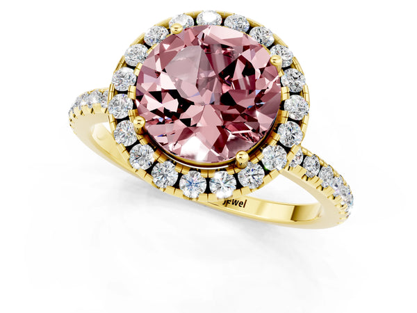 Yellow gold Round Cut Halo Round Diamond Pavé Band Four-Prong Ring