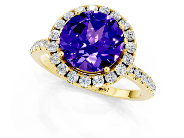 Yellow gold Round Cut Tanzanite Halo Ring with Round Pavé Band and Prong Setting