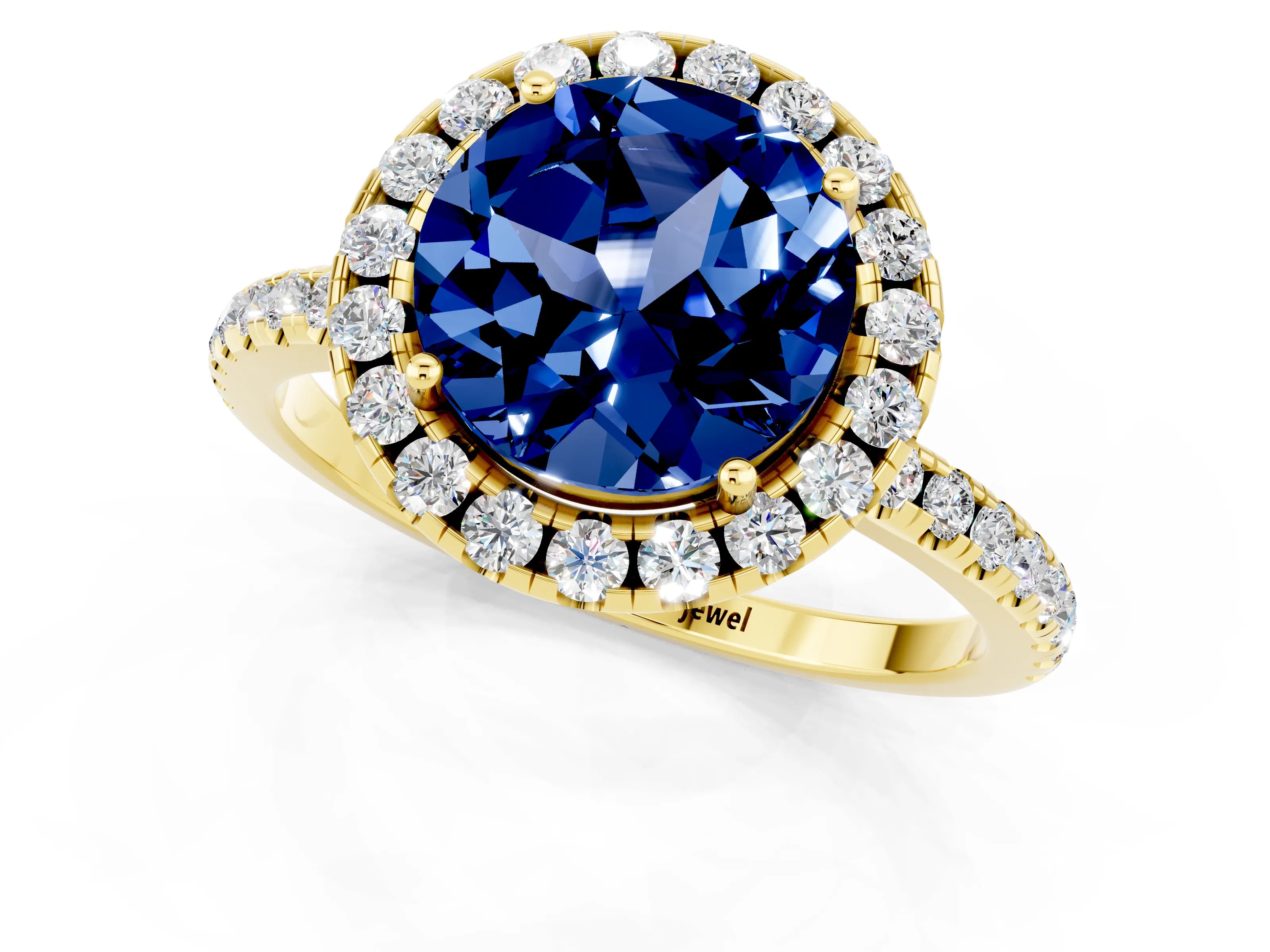 Yellow gold Round Cut Halo Round Diamond Pavé Band Four-Prong Ring_1
