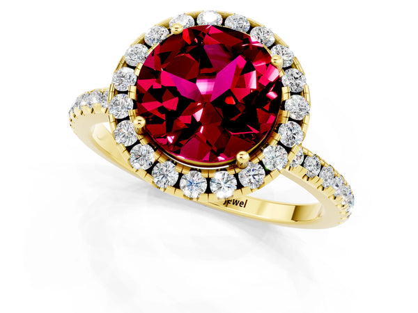 Yellow gold Round Cut Garnet Halo Ring with Round Pavé Band and Prong Setting