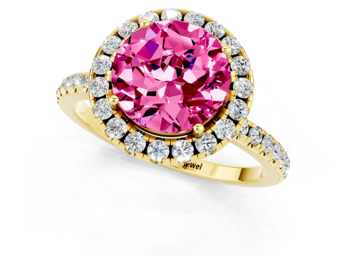 Yellow gold Round Cut Halo Round Diamond Pavé Band Four-Prong Ring_1