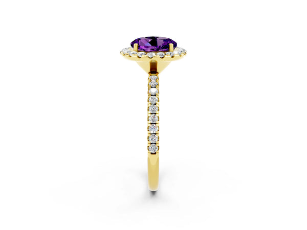 Yellow gold Round Cut Amethyst Halo Ring with Round Pavé Band and Prong Setting