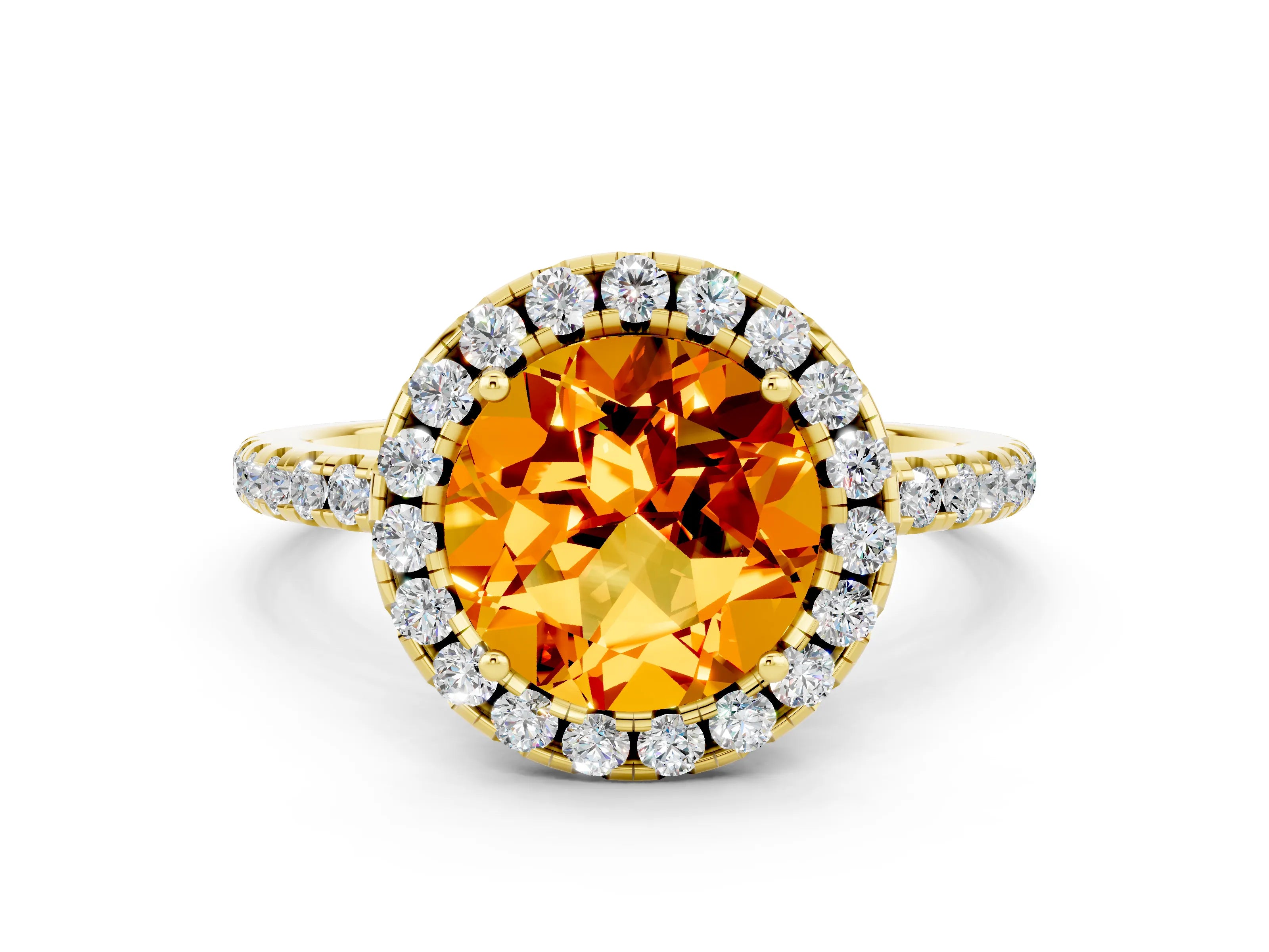 Yellow gold Round Cut Halo Round Diamond Pavé Band Four-Prong Ring