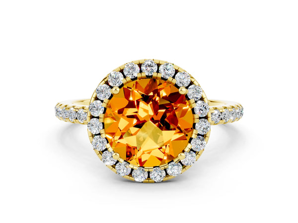 Yellow gold Round Cut Citrine Halo Ring with Round Pavé Band and Prong Setting