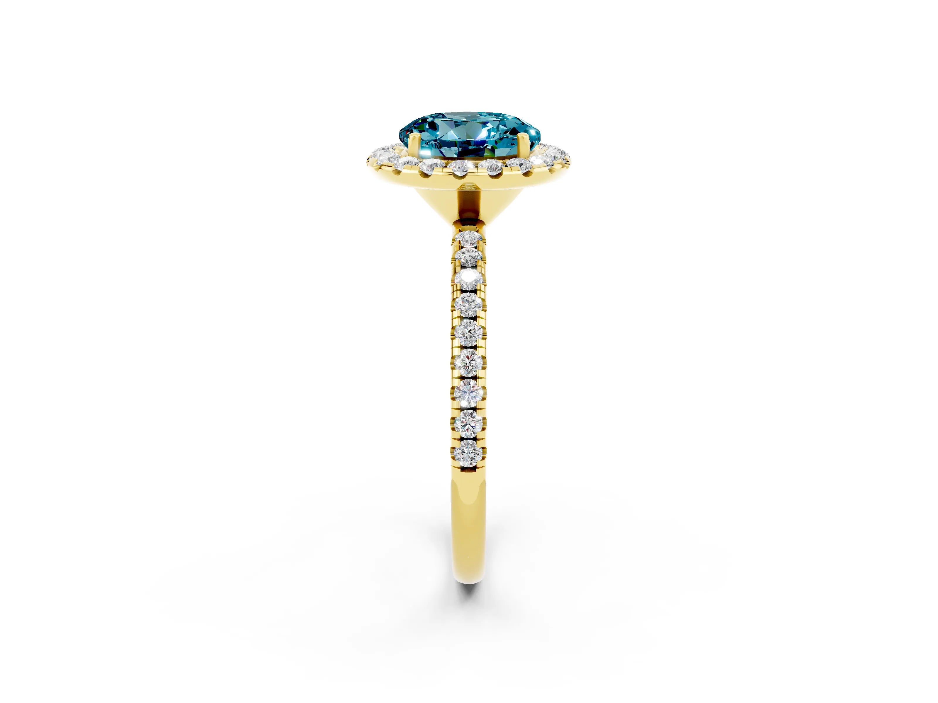 Yellow gold Round Cut Halo Round Diamond Pavé Band Four-Prong Ring_2