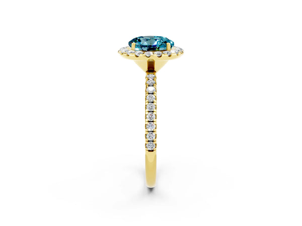 Yellow gold Round Cut Halo Round Diamond Pavé Band Four-Prong Ring