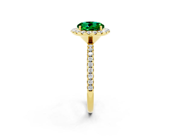 Yellow gold Round Cut Emerald Halo Ring with Round Pavé Band and Prong Setting