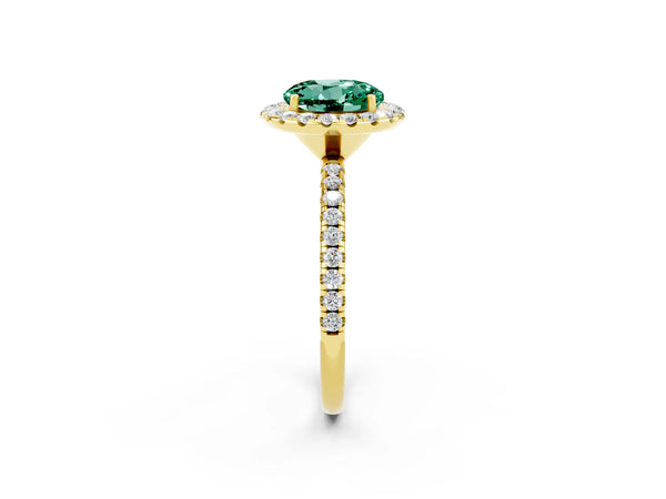 Yellow gold Round Cut Green Sapphire Halo Ring with Round Pavé Band and Prong Setting