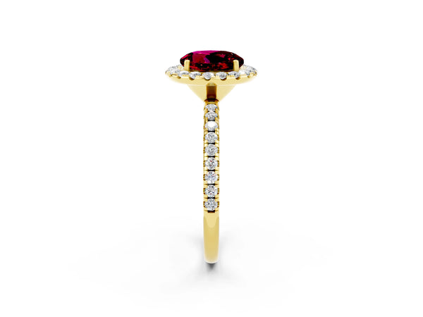 Yellow gold Round Cut Garnet Halo Ring with Round Pavé Band and Prong Setting