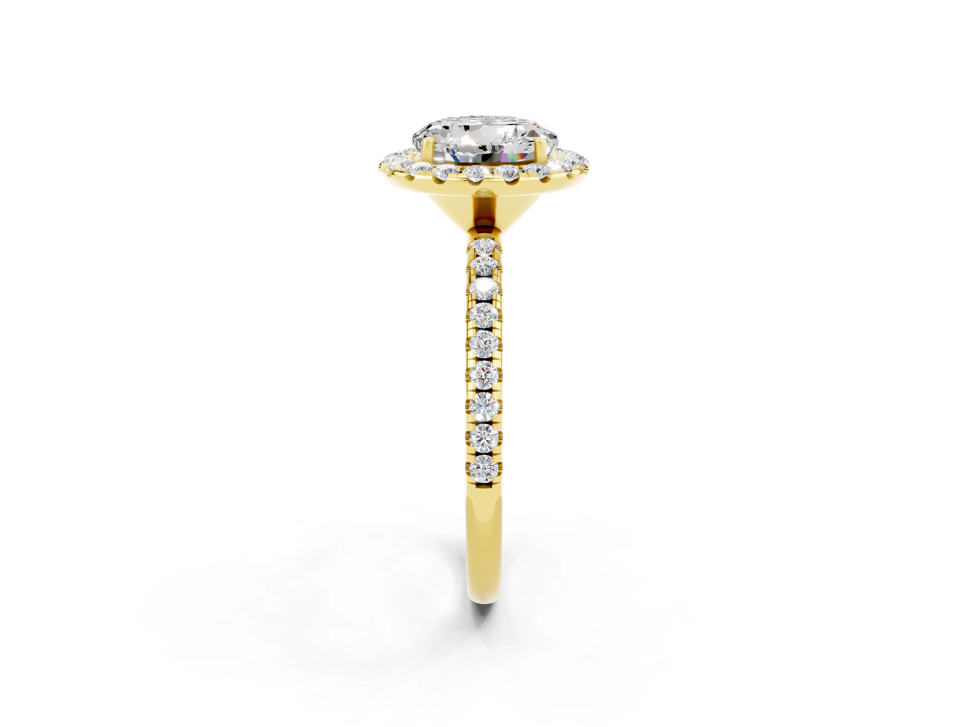 Yellow gold Round Cut Halo Round Diamond Pavé Band Four-Prong Ring_2