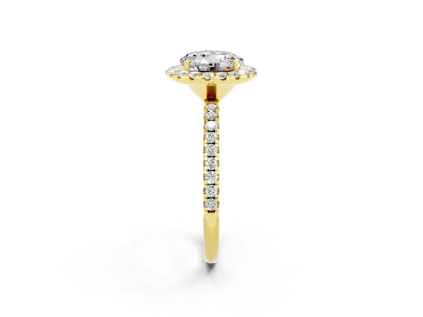 Yellow gold Round Cut Moissanite Halo Ring with Round Pavé Band and Prong Setting