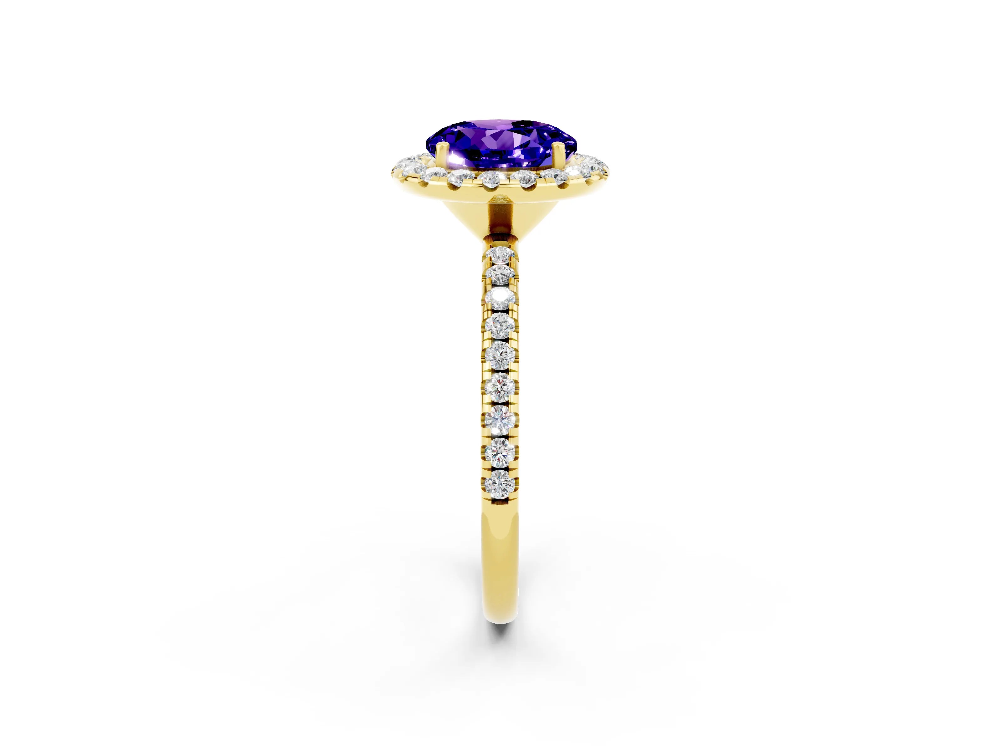 Yellow gold Round Cut Halo Round Diamond Pavé Band Four-Prong Ring_2