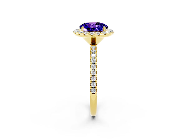 Yellow gold Round Cut Tanzanite Halo Ring with Round Pavé Band and Prong Setting