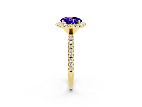 Yellow gold Round Cut Halo Round Diamond Pavé Band Four-Prong Ring_2