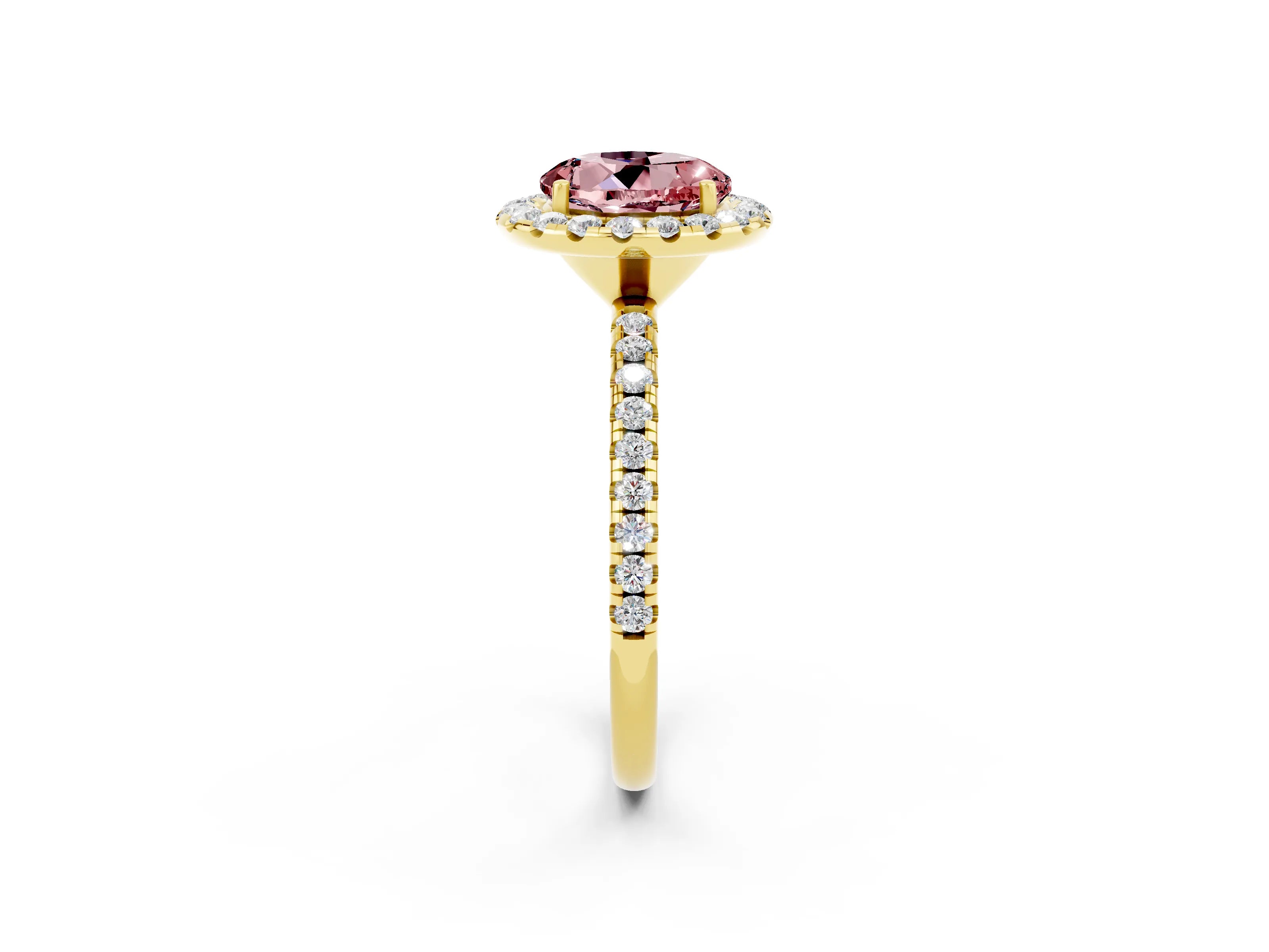 Yellow gold Round Cut Halo Round Diamond Pavé Band Four-Prong Ring_2