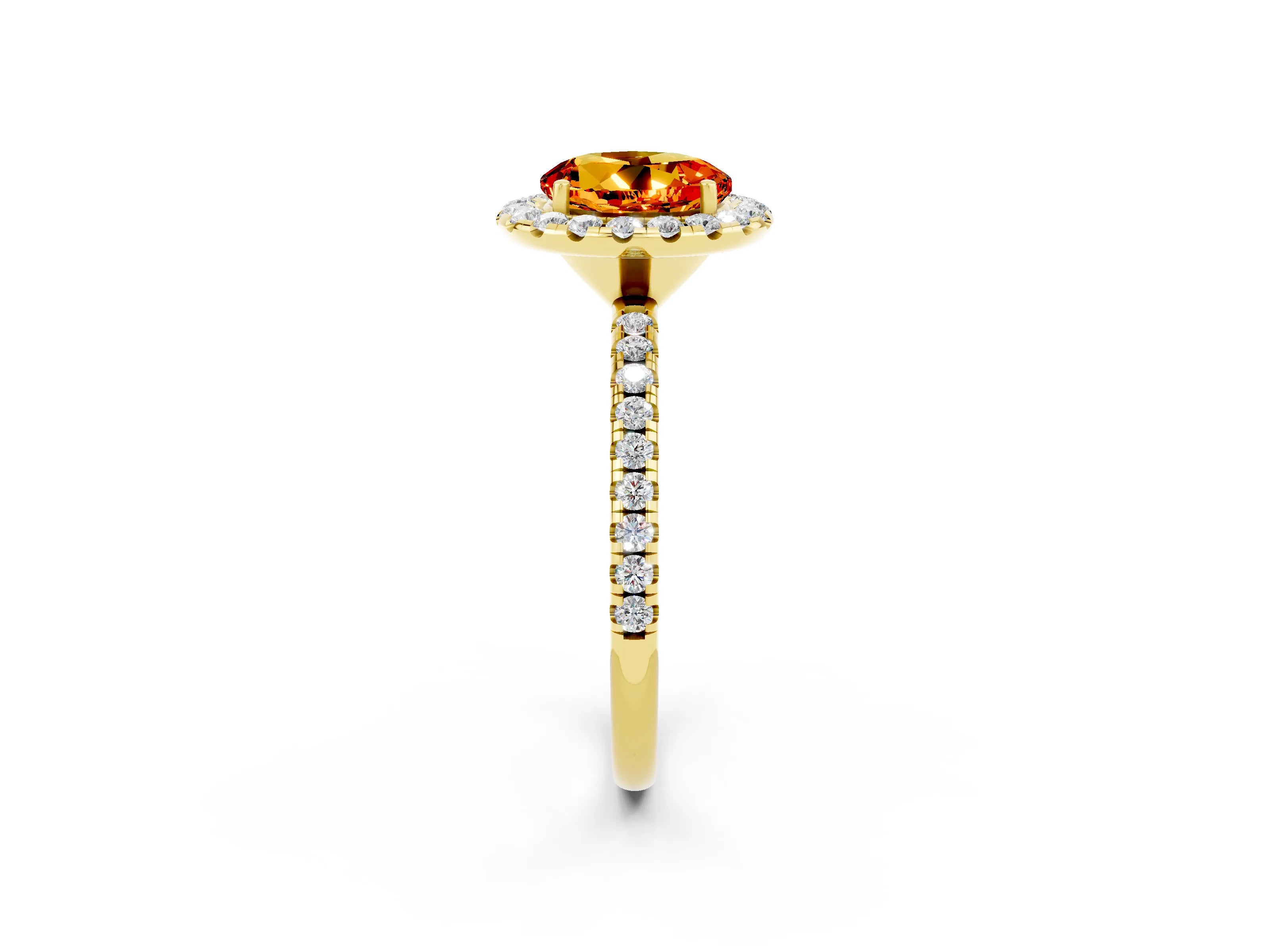 Yellow gold Round Cut Halo Round Diamond Pavé Band Four-Prong Ring_2