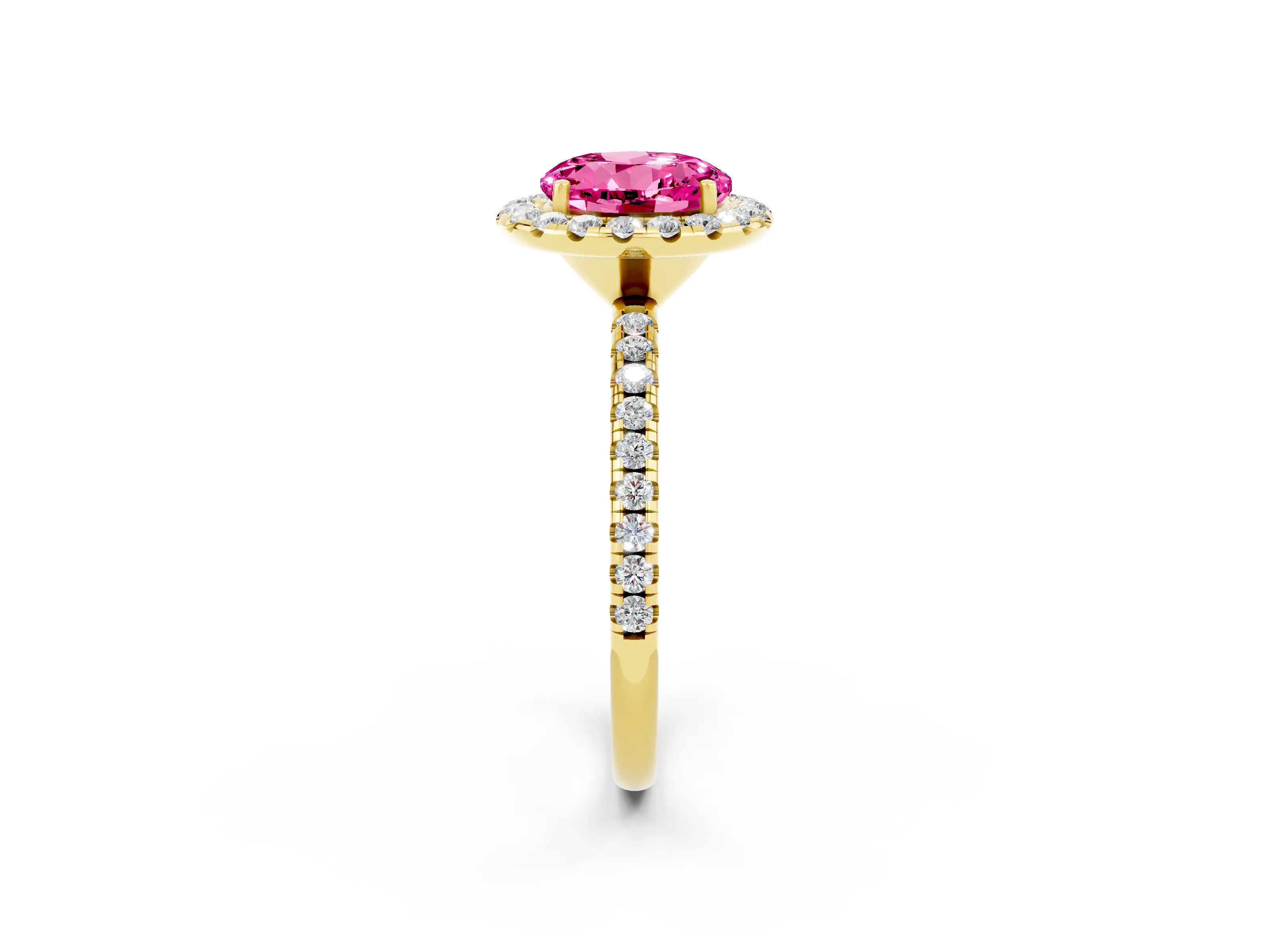 Yellow gold Round Cut Halo Round Diamond Pavé Band Four-Prong Ring_2