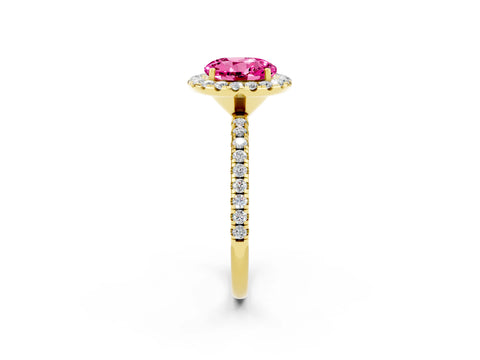 Yellow gold Round Cut Halo Round Diamond Pavé Band Four-Prong Ring_2